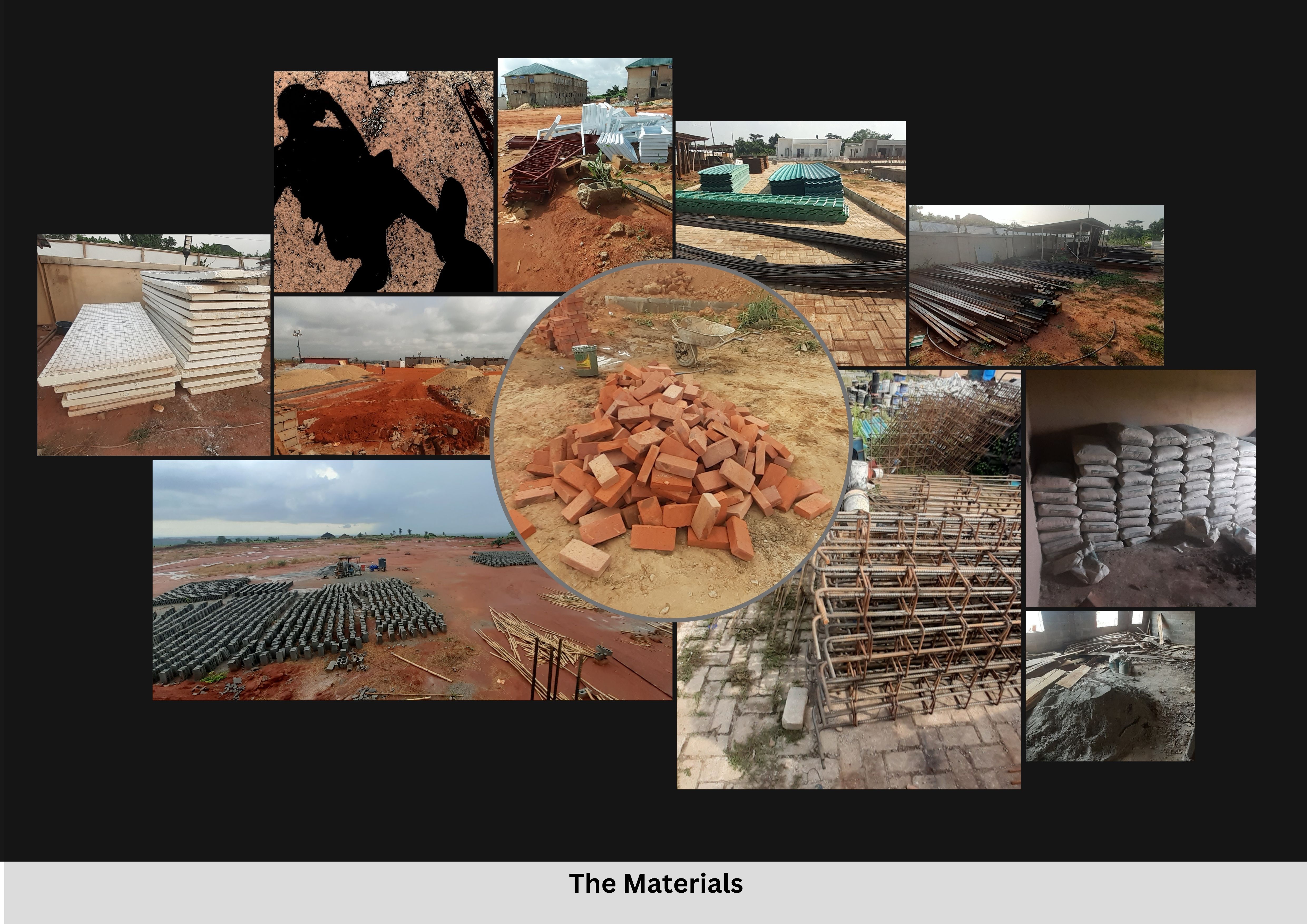 Figure 1. The Materials. Eleven photographs taken between December 2025 and March 2026, showing sandcrete blocks in pre-laid rows, loose laterite bricks, steel rods, cement bags, and roofing sheets. The arrangement of the blocks reflects construction-sequence decisions made by workers. Photo credit: author.