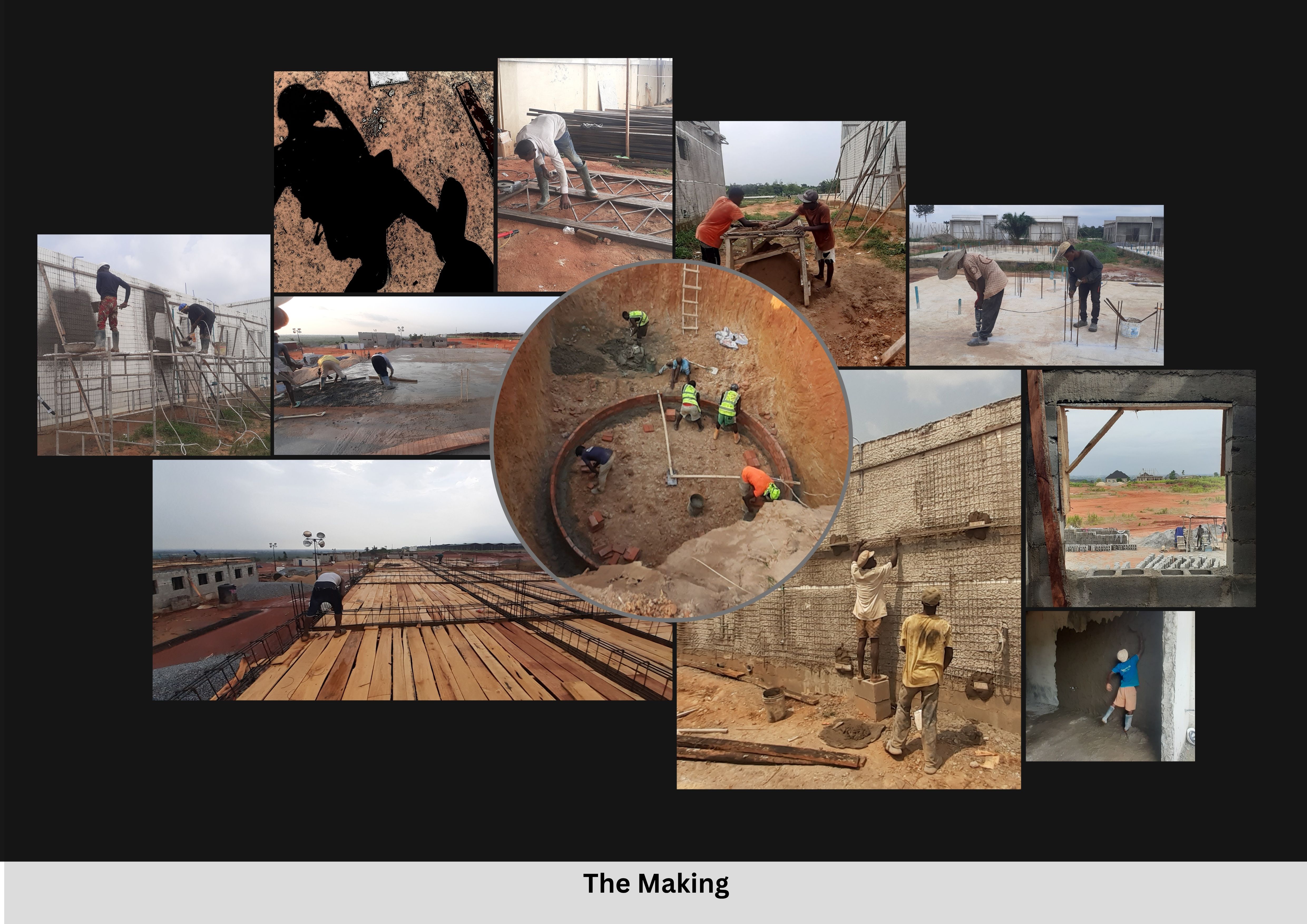 Figure 2. The Making. Eleven photographs of workers laying blocks with hand-mixed mortar, screeding a slab on timber formwork, tying reinforcement steel by hand, and excavating a soakaway pit manually. Photo credit: author.