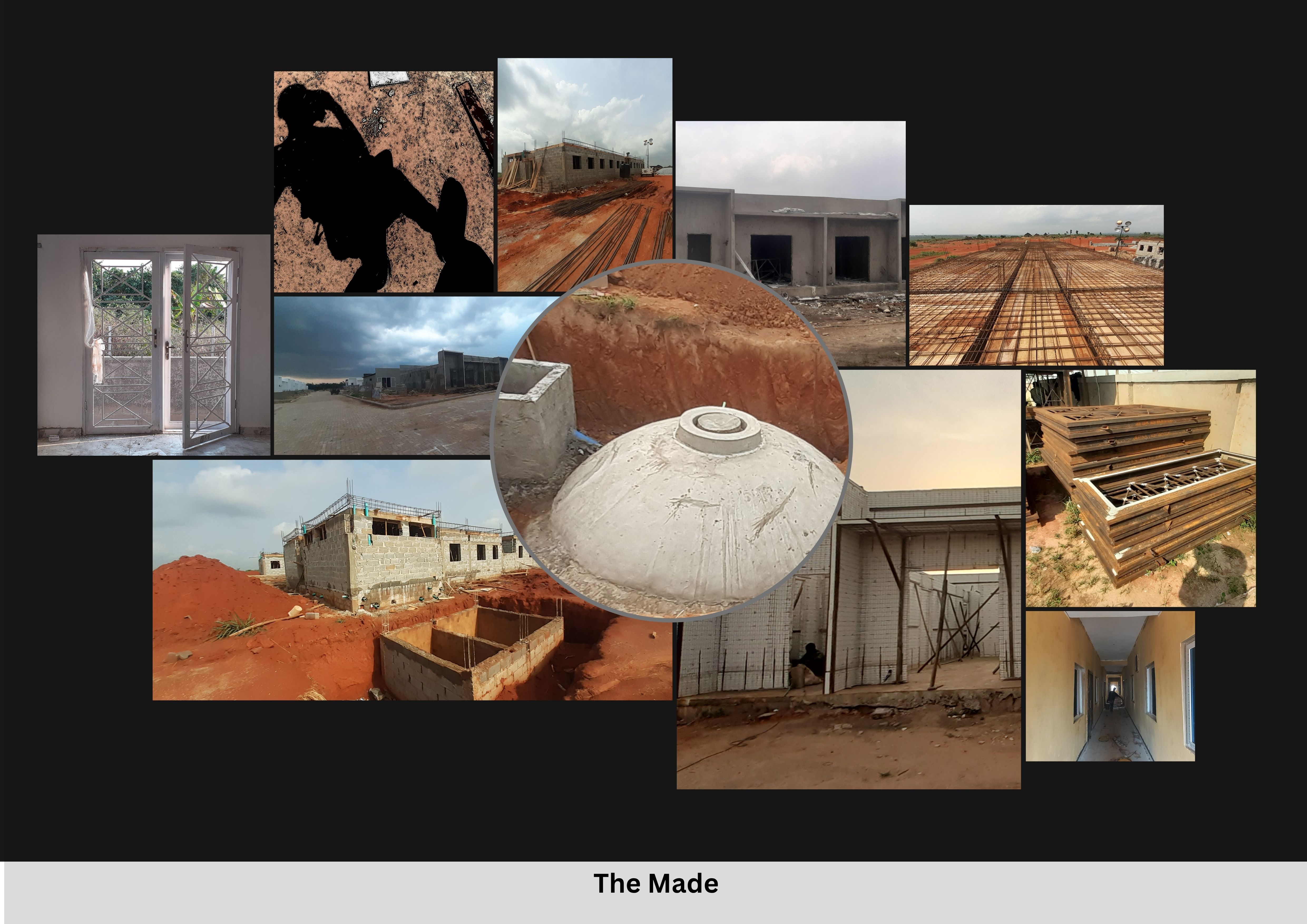 Figure 3. The Made. Nine photographs of partially completed walls, a cast-in-place concrete dome for a subsurface biodigester (centre), a finished corridor, door frames, and stockpiled lintels. The dome will be backfilled and the corridor floor tiled. Photo credit: author.