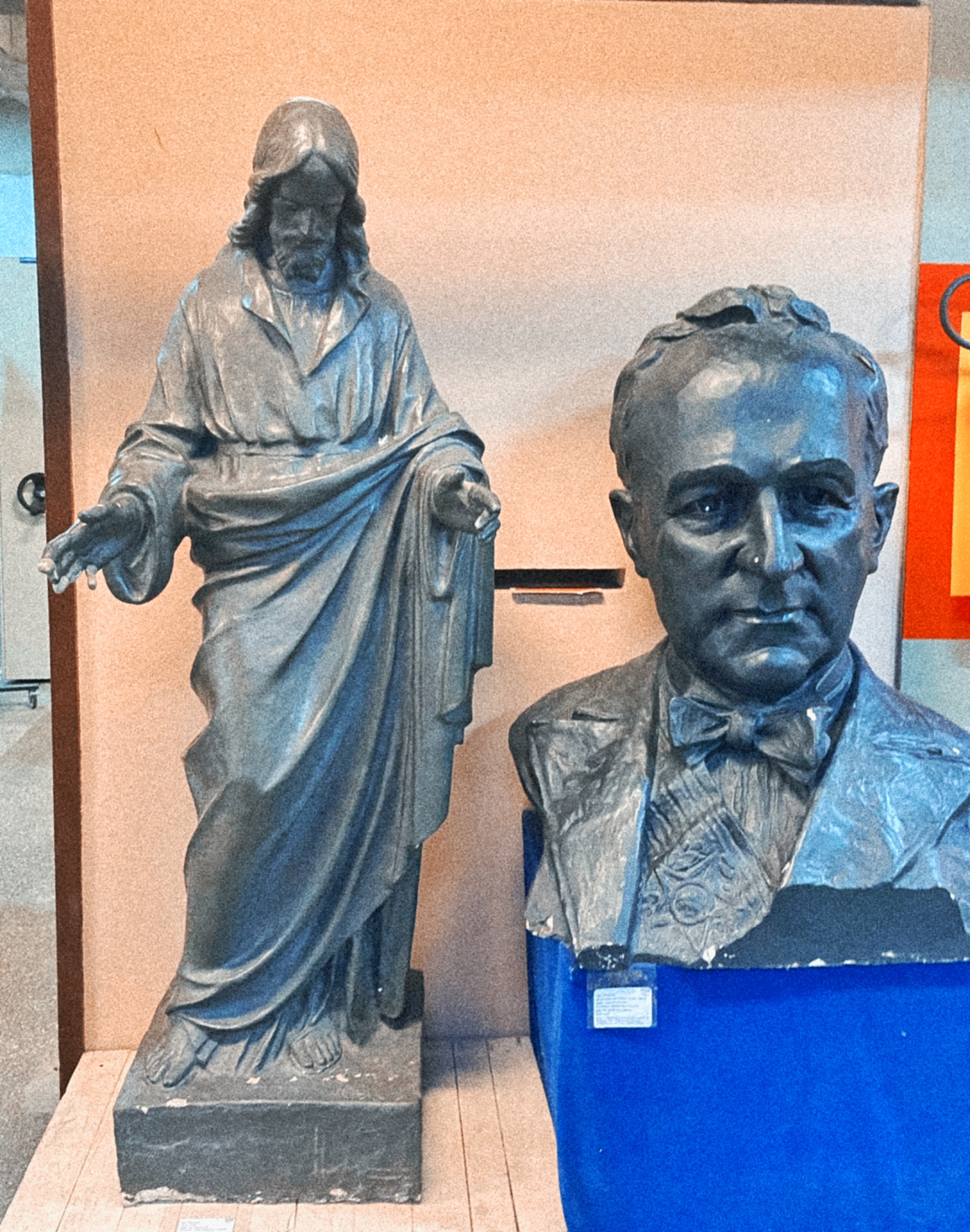 Figures 2-1, 2-2 and 2-3. Sculpture collection held by Getúlio Vargas Technical School. From left to right: Ferdinand Frick’s painted plaster relief The Arrival of the Franciscans in Brazil (1932), currently preserved in the school’s Memory Center; Instruction, a painted plaster sculpture created by Ferdinand Frick in 1924 for a monument dedicated to Dom João Nery and bearing the inscription “Instruction, Faith and Charity”; a painted plaster statue of Jesus Christ dating from the 1920s; and a painted plaster bust of former President Getúlio Vargas, created by Laurindo Galante in 1940, after whom the school is named. Photos by the author.