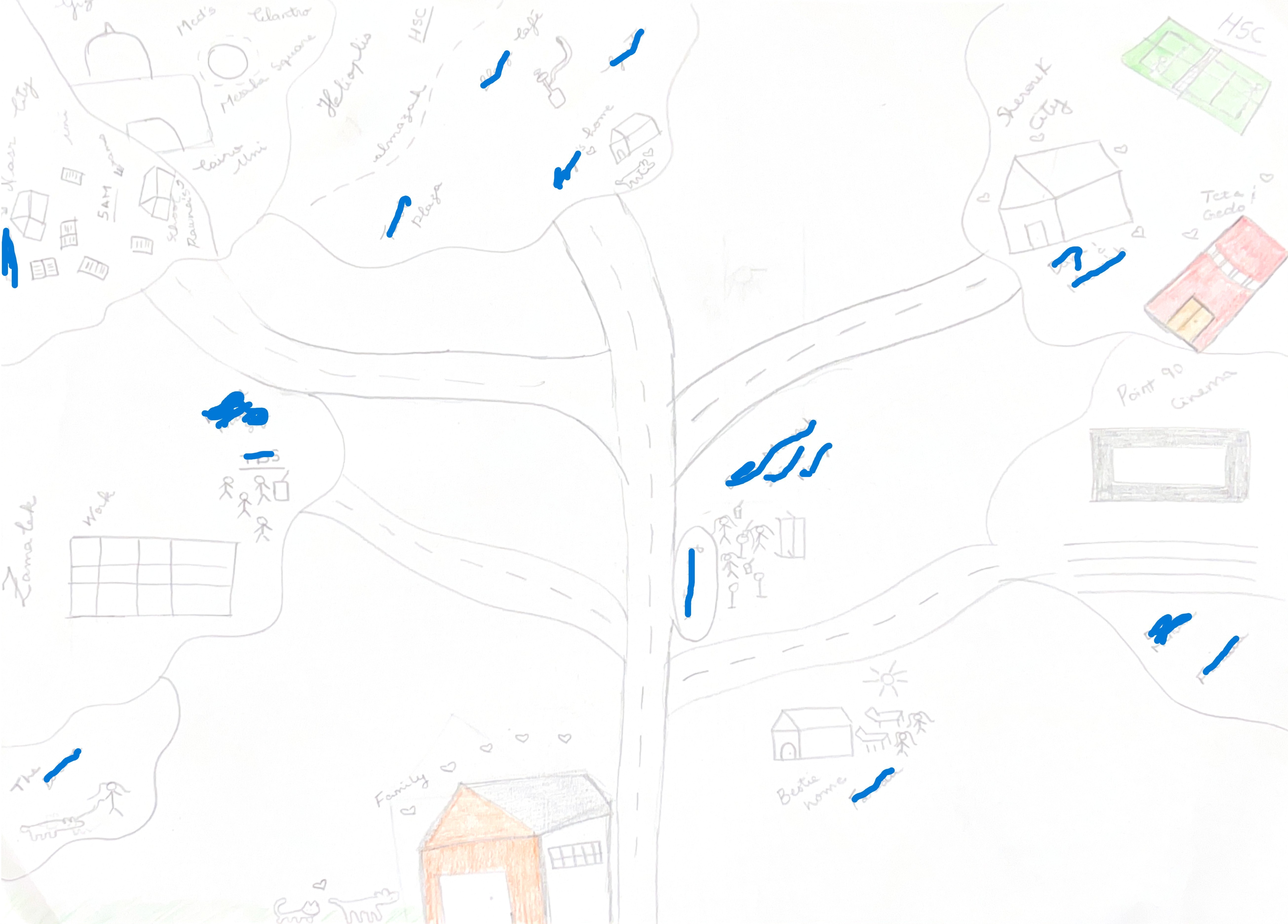 Figure 3. Ghada's map, with identifying details redacted by the author. Image by Noa Jacobs-Latreche.