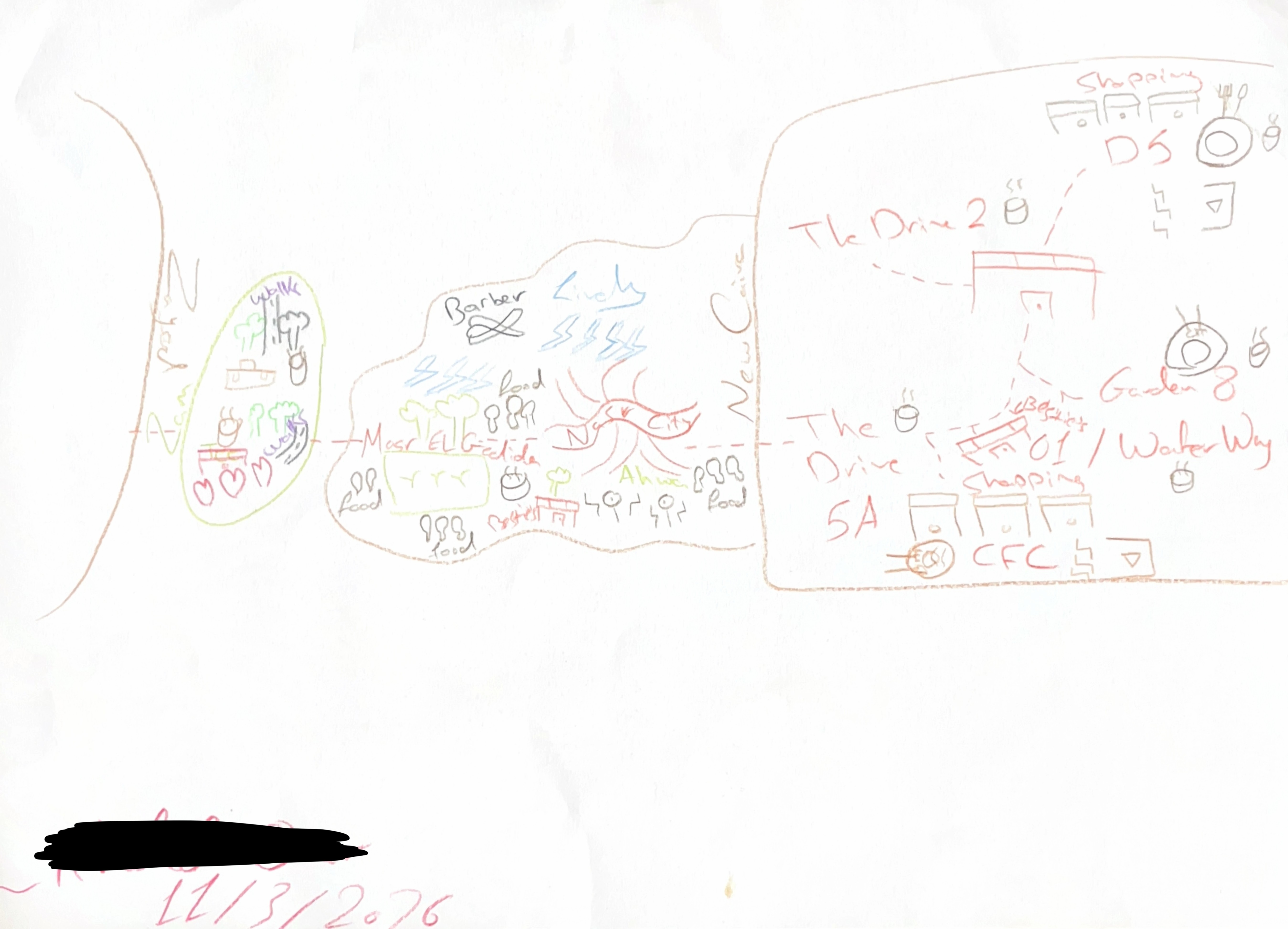 Figure 4. Karim's map, with identifying details redacted by the author. Image by Noa Jacobs-Latreche.